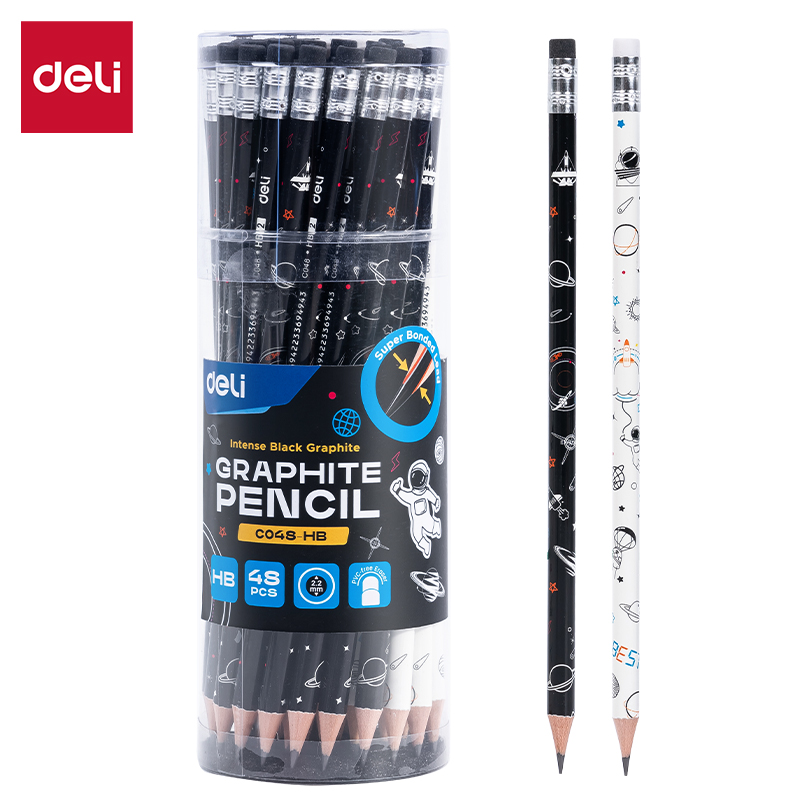DELI C045-HB kosmoso raštų grafitinių pieštukų dėžutė ir du pieštukų dizainai DELI C045-HB kosmoso raštų grafitinių pieštukų dėžutė ir du pieštukų dizainai