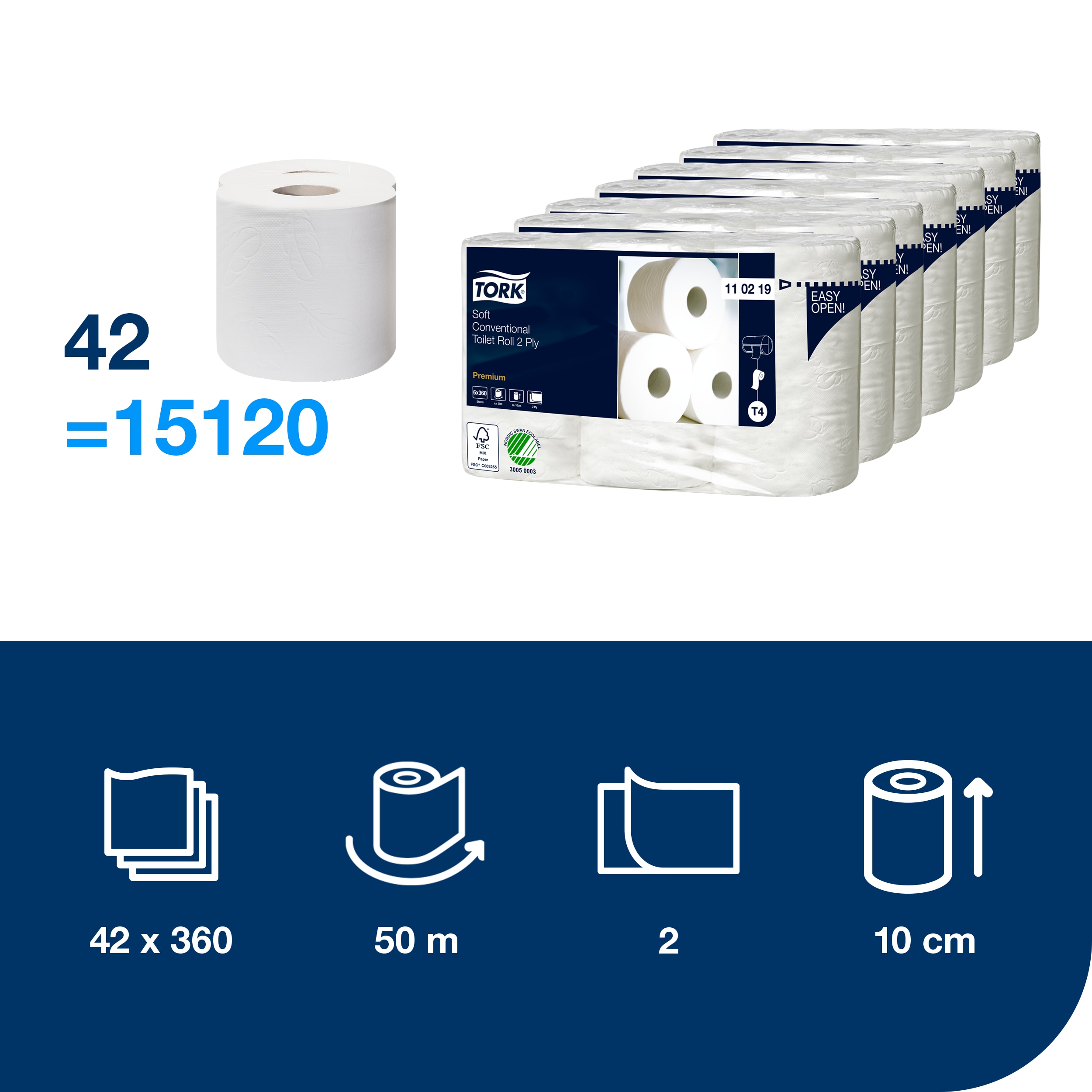 Tualetinis popierius rulonėliais Tork Premium Soft T4, (110219), baltos spalvos, 2 sluoksniai, 50.4 Tualetinis popierius rulonėliais Tork Premium Soft T4, (110219), baltos spalvos, 2 sluoksniai, 50.4 m, 360 lapeliai