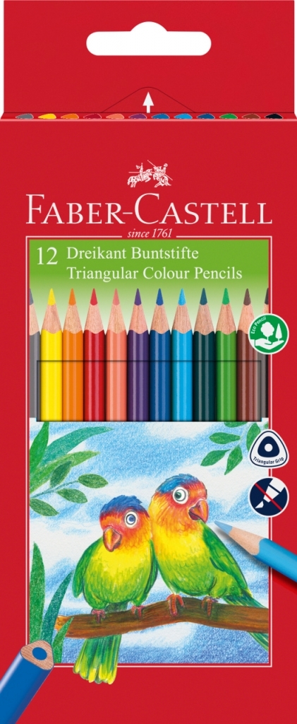 Spalvoti pieštukai Faber-Castell Eco. tribriauniai. 12 spalvų. su drožtuku
