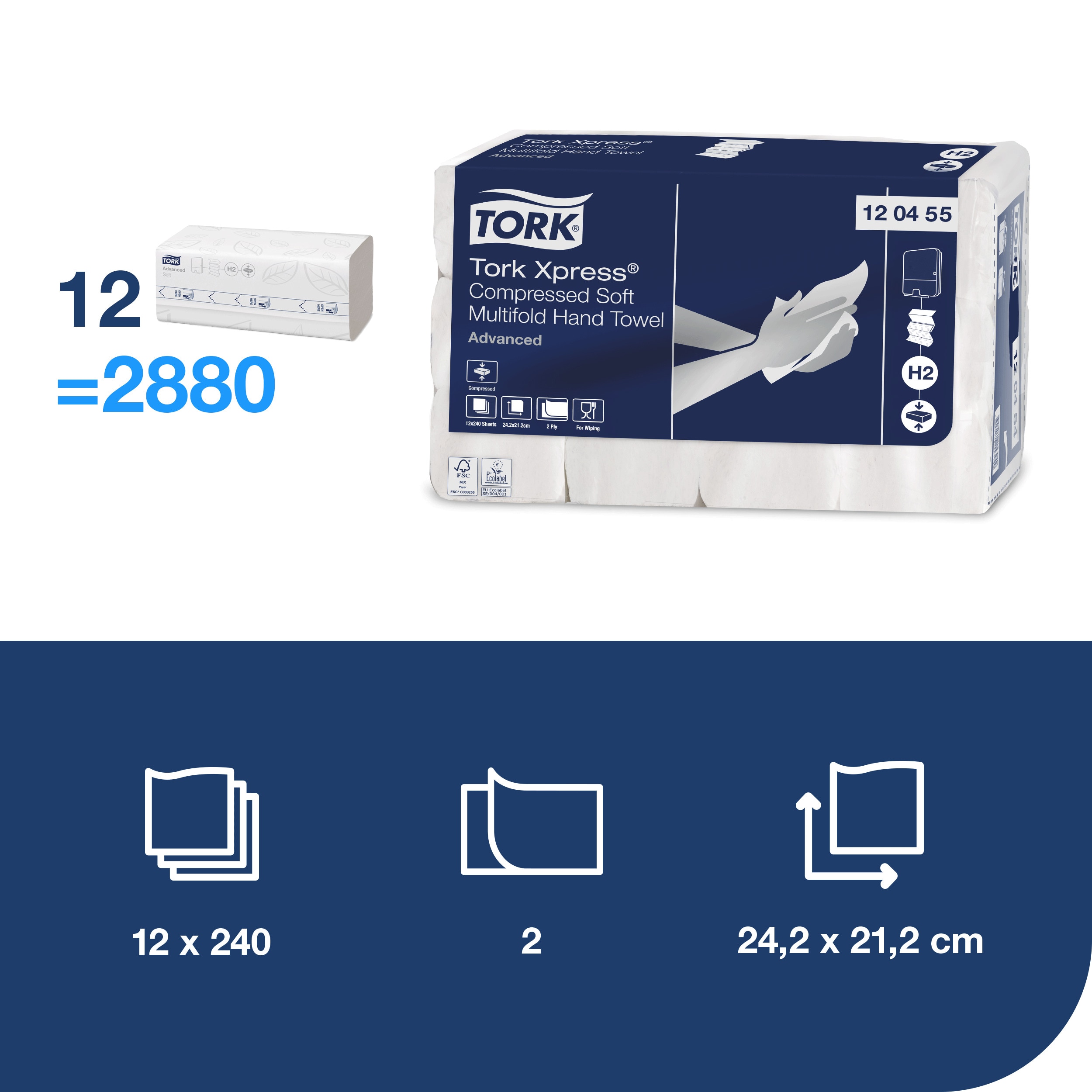 Servetėlės Tork Multifold Advanced Soft H2 (120455), 2 sluoksniai, baltos spalvos, 240 lapelių Servetėlės Tork Multifold Advanced Soft H2 (120455), 2 sluoksniai, baltos spalvos, 240 lapelių – papildomas vaizdas 2