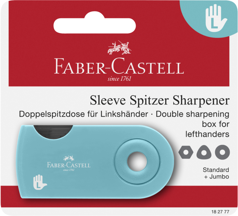 Drožtukas Faber-Castell Sleeve, su konteineriu, 2-jų skylučių, kairiarankiams, blisteryje
