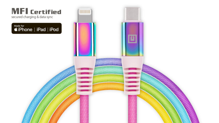 Laidas REAL-EL MFI PD USB Type C – Lightning Rainbow 1m, vaivorykštės spalvos