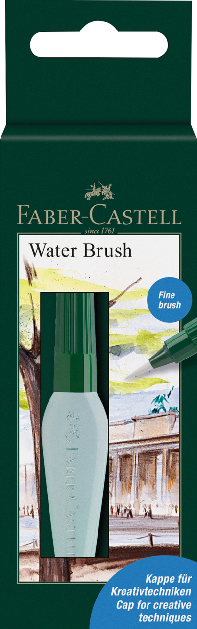 Tiesiai parodyta tamsiai žalia Faber-Castell Water Brush pakuotė su Fine brush žyma, langeliu ir matomu vandens rezervuaru