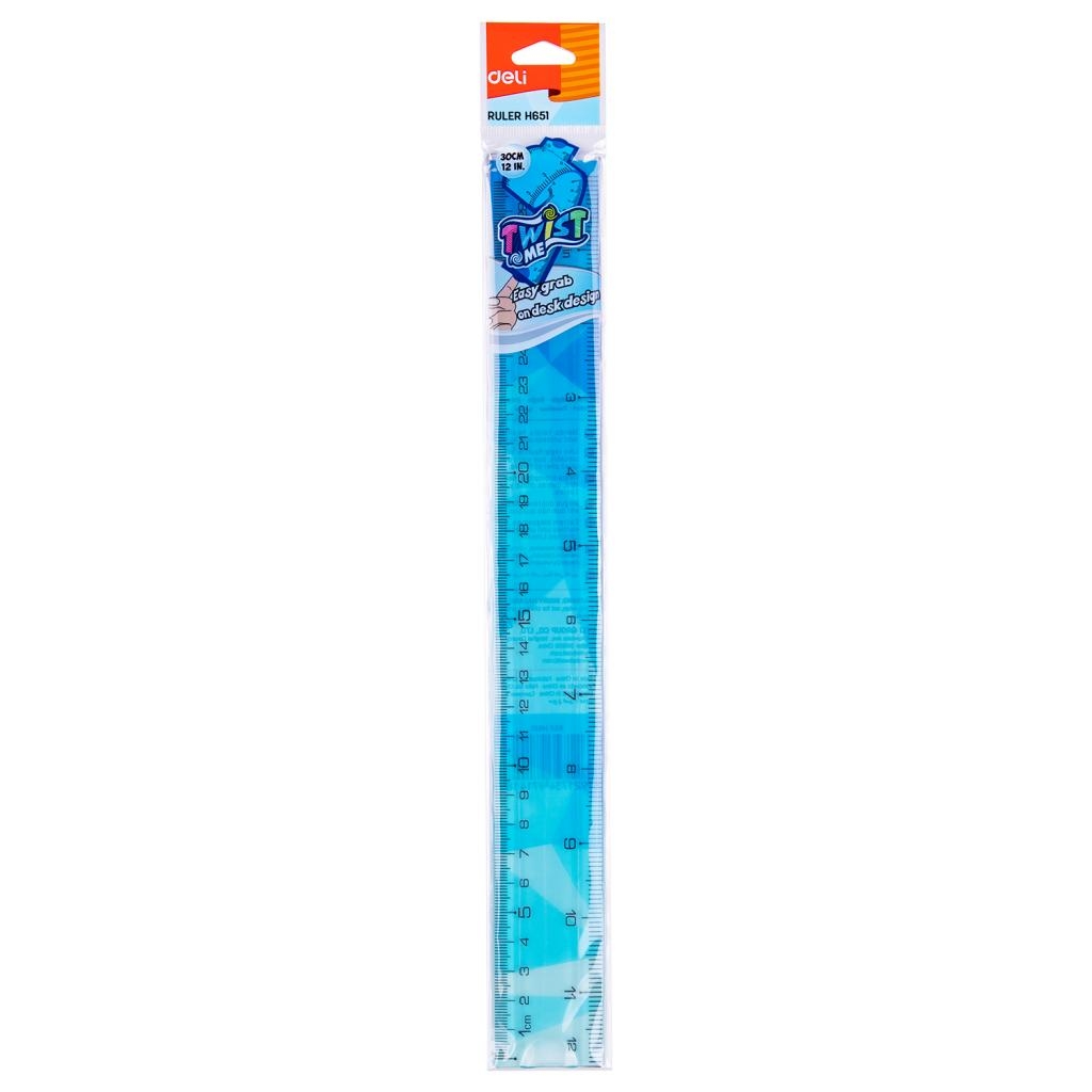 Skaidri mėlyna Deli H651 30 cm lanksti liniuotė su Twist Me ir Easy grab on desk design žymomis pakuotėje