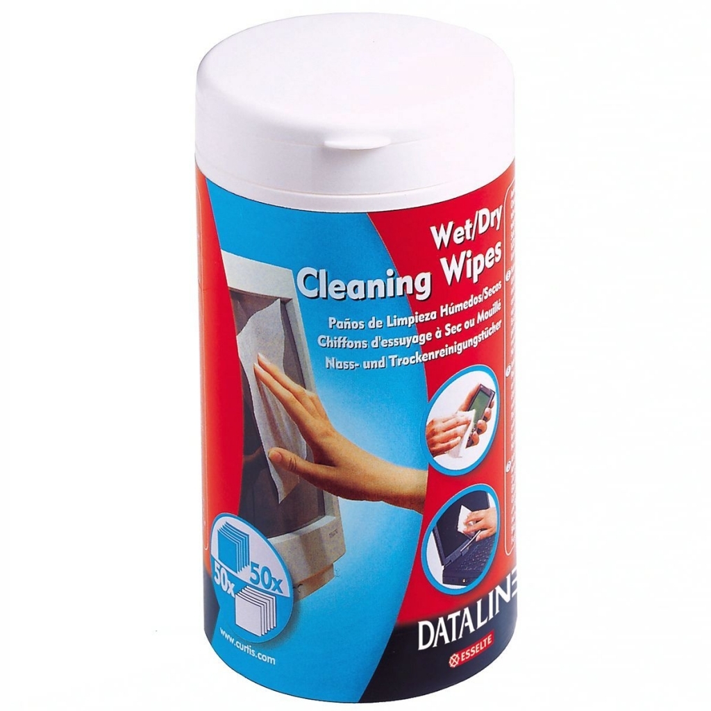 Baltas Esselte Wet/Dry Cleaning Wipes indelis su raudona, žydra ir juoda etikete, ekrano valymo iliustracijomis bei 50x žyma