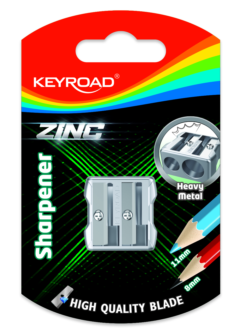 Keyroad Zinc drožtuko kortelė su sidabro spalvos dviejų skylių drožtuku, 11 ir 8 mm pieštukais bei Heavy Metal ženklu