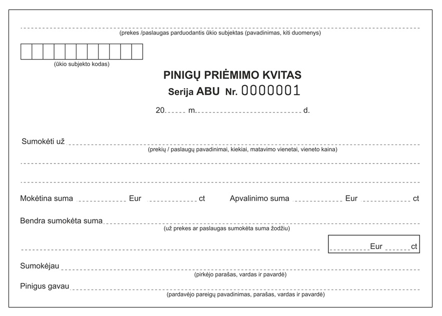 Baltas pinigų priėmimo kvito blankas su serija ABU, numeriu 0000001 ir laukais mokėtojui, sumai bei parašams