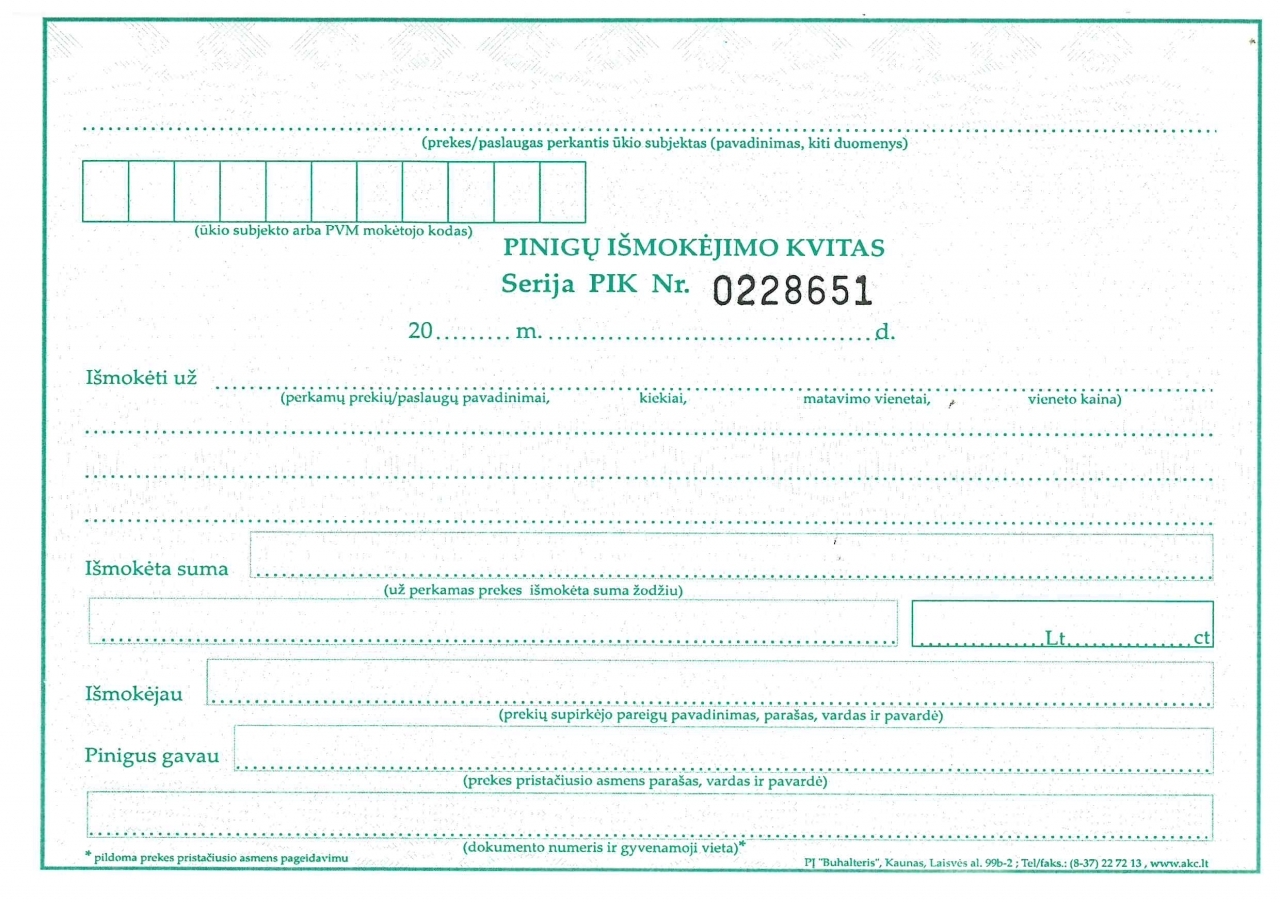 Šviesiai žalias A5 pinigų išmokėjimo kvitas su serija PIK, numeriu 0228651, datos, sumos ir parašų laukeliais