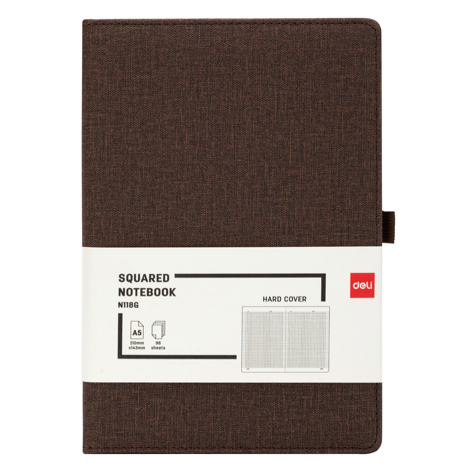 Tamsiai ruda faktūrinio kieto viršelio Deli N118G A5 knygelė su balta Squared Notebook 96 sheets etikete