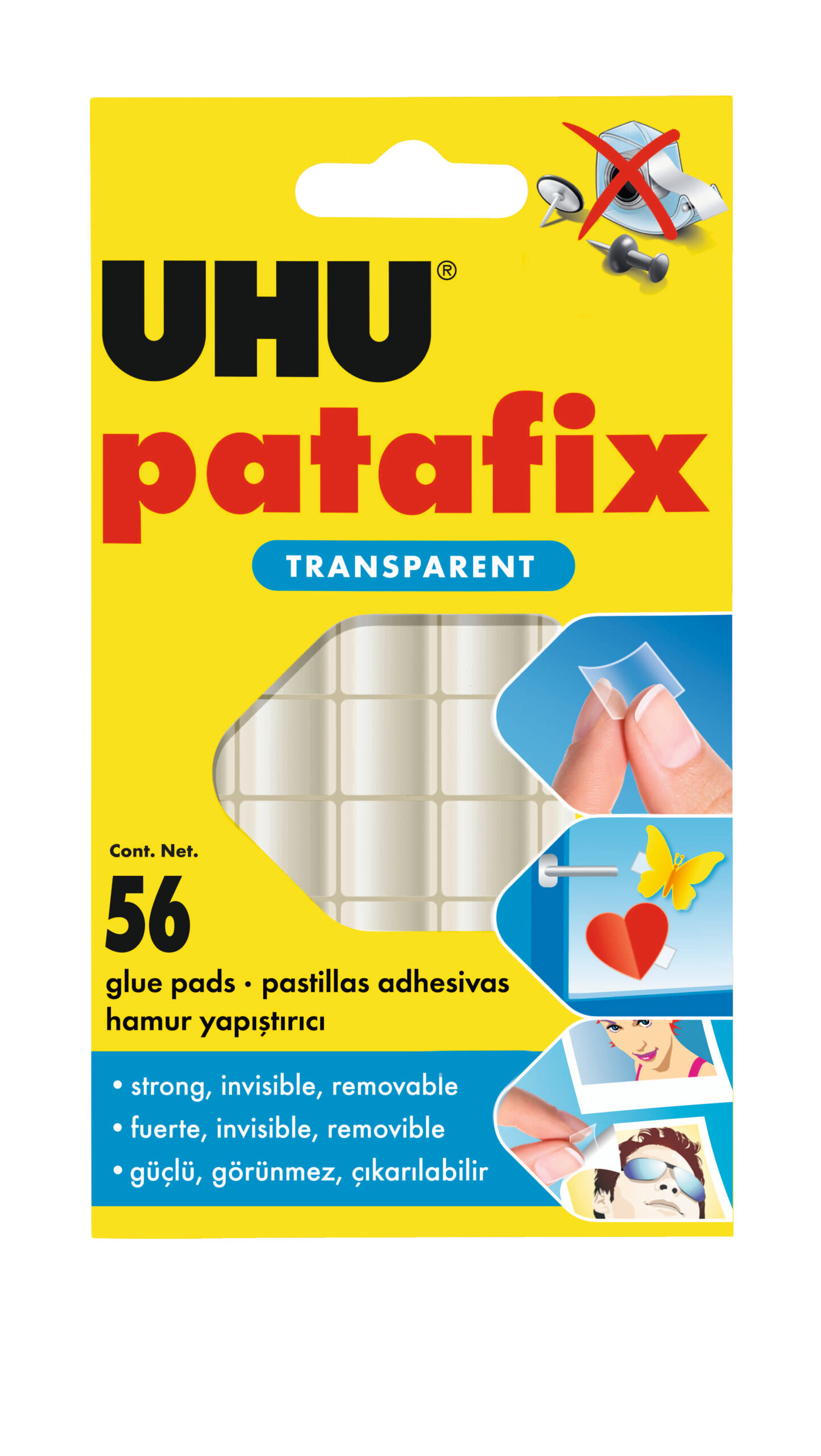 Geltona UHU patafix Transparent pakuotė su 56 klijų kvadratėlių tinkleliu ir jų naudojimo iliustracijomis