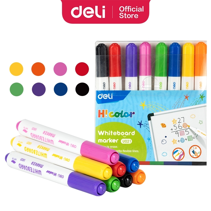 DELI Hi!Color pakuotė su aštuoniais spalvotais lentos žymekliais, keli žymekliai išdėlioti priekyje