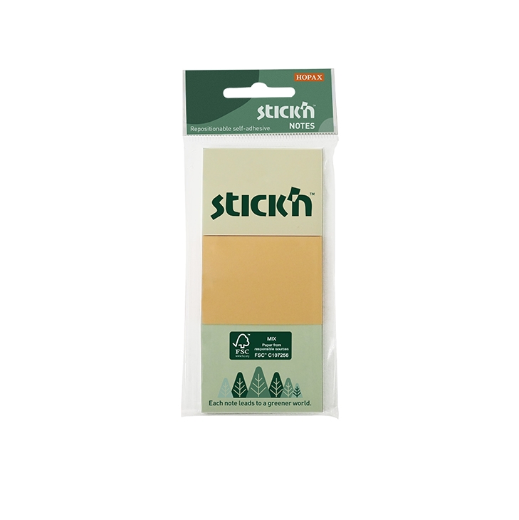 Skaidri Stick'n pakuotė su šviesiai gelsvu, pasteliniu oranžiniu ir pilkšvai žaliu lipnių lapelių blokeliais