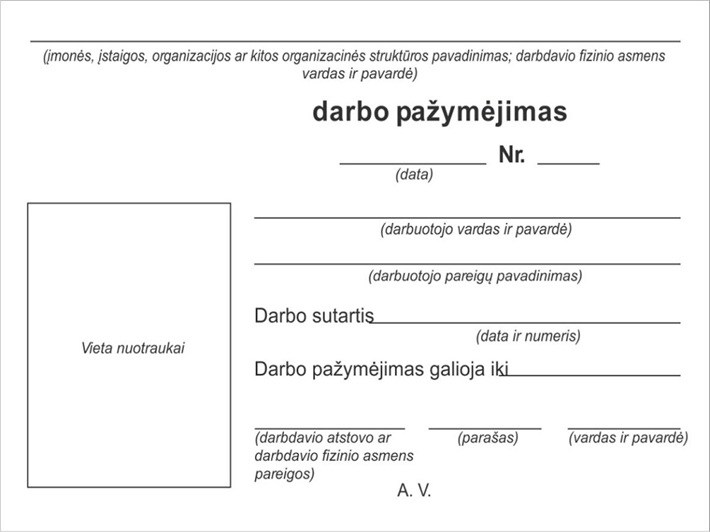 Baltas darbuotojo pažymėjimo blankas su vieta nuotraukai, numeriui, datai, vardui, pareigoms, galiojimo terminui ir parašams