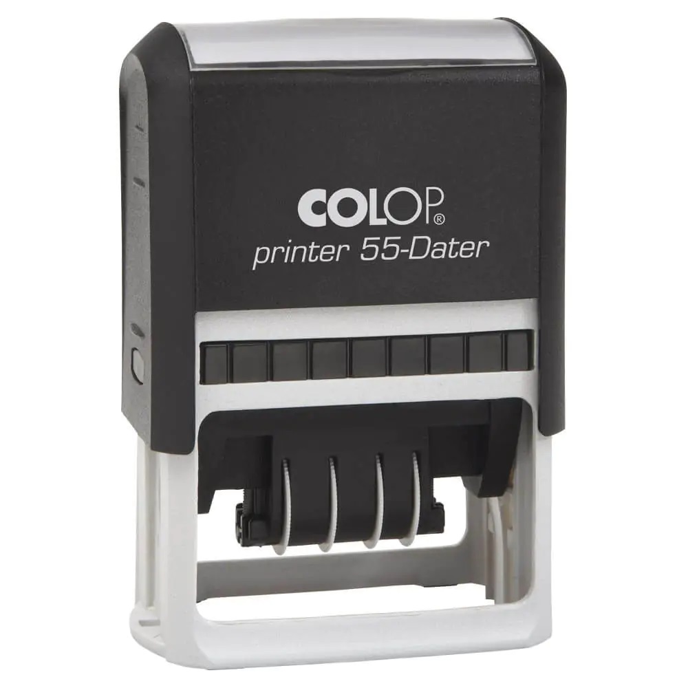 Juodas ir pilkas Colop Printer 55-Dater automatinis antspaudas su datos ratukais, teksto langeliu ir atviru mechanizmu