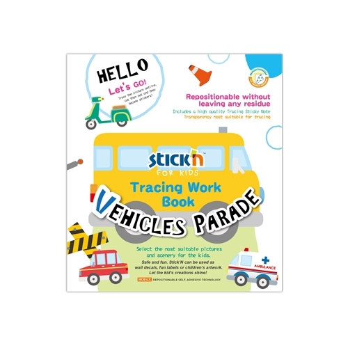 Stick'n Vehicles Parade daugkartinio apvedžiojimo knygelės viršelis su geltonu autobusu