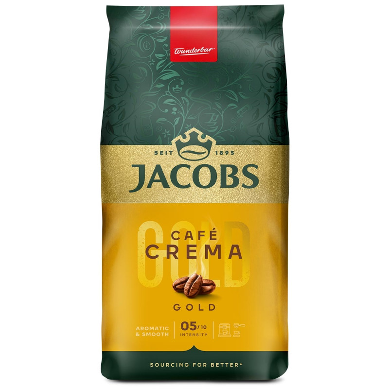 Žalias ir auksinis Jacobs Café Crema Gold pupelių maišelis su karūna, trimis pupelėmis ir 05 iš 10 žyma
