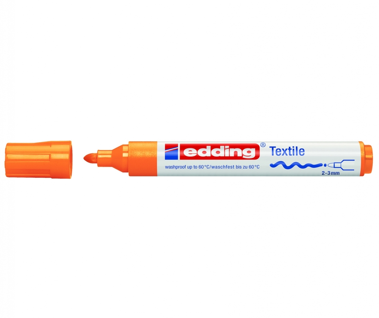 Baltas edding 4500 Textile žymeklis su atidengtu oranžiniu 2–3 mm galiuku, oranžiniu galu ir nuimtu dangteliu kairėje