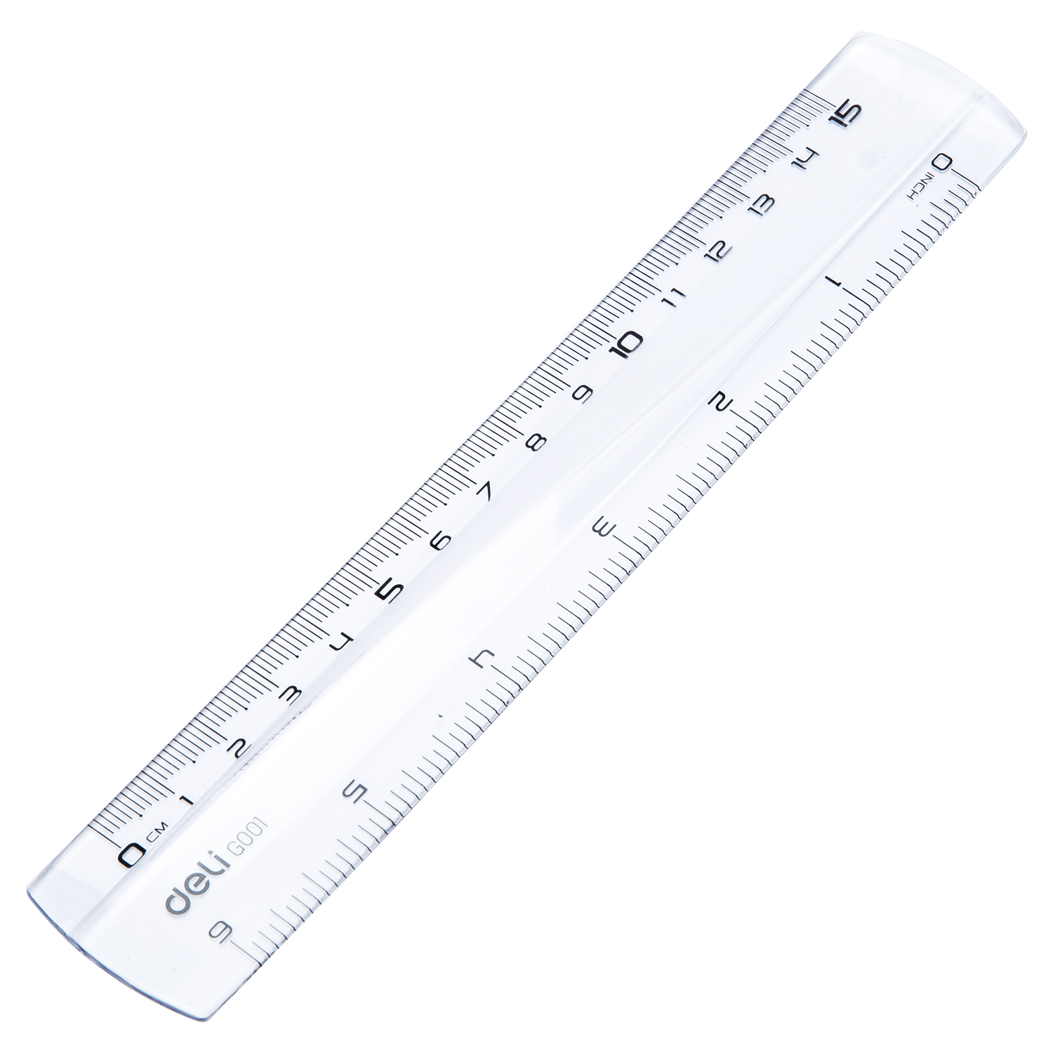 Skaidri Deli liniuotė įstrižai baltame fone su juoda 0–15 cm ir 0–6 colių skalėmis bei lenkta centrine briauna