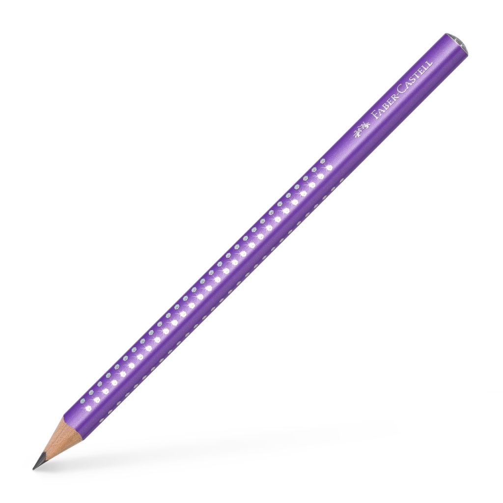 Įstrižas violetinis Faber-Castell Jumbo Sparkle grafitinis pieštukas su baltų taškelių eilėmis ir pagaląstu galu
