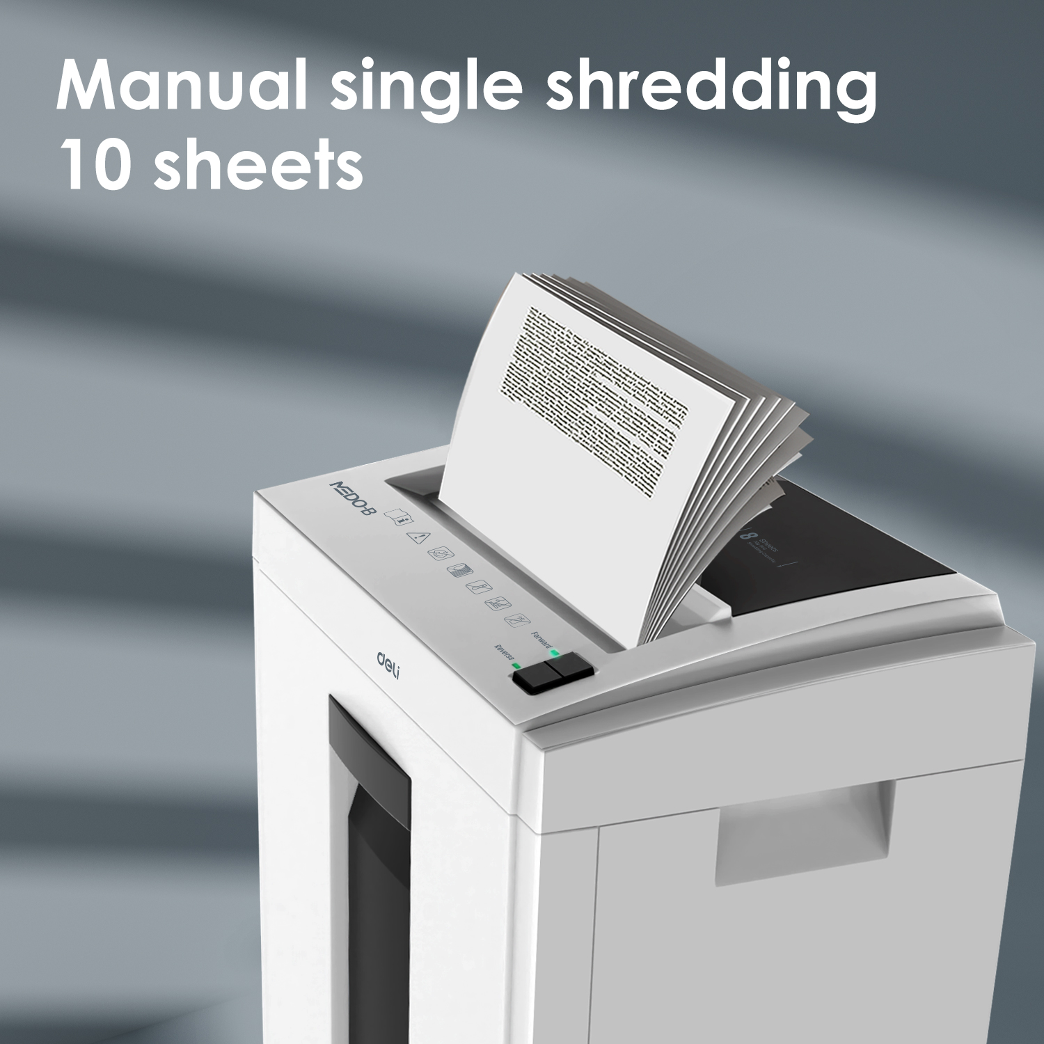 Baltas DELI T051 naikiklis su į angą įstatytu atspausdintų lapų pluoštu ir užrašu Manual single shredding 10 sheets