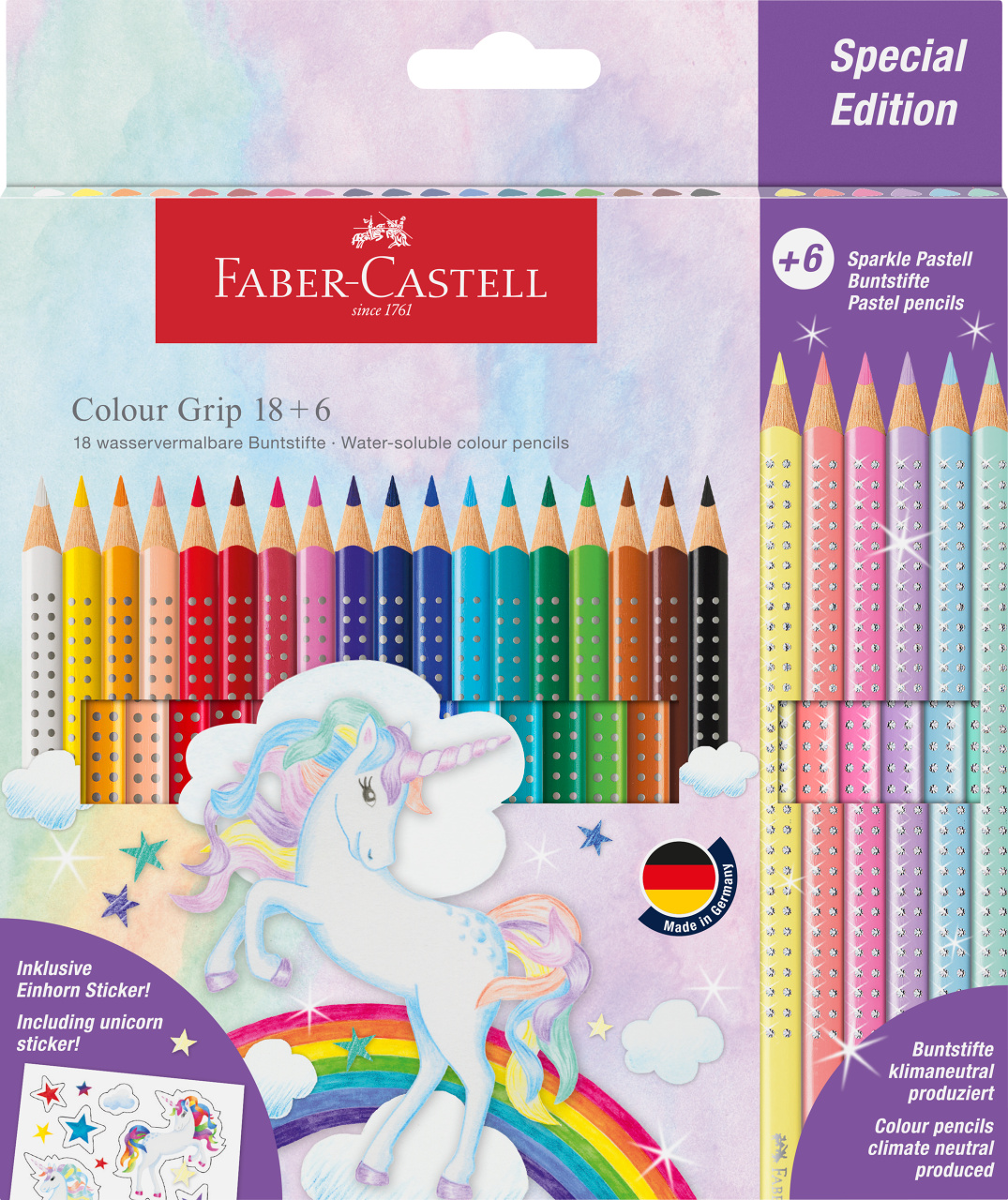 Pastelinė Faber-Castell Colour Grip 18 + 6 pieštukų pakuotė su vienaragiu, vaivorykšte ir blizgiais pasteliniais pieštukais