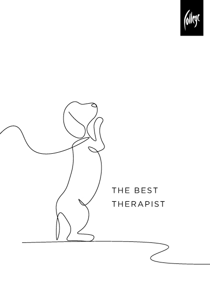 Baltas College sąsiuvinio viršelis su viena linija nupieštu stovinčiu šunimi ir užrašu The Best Therapist