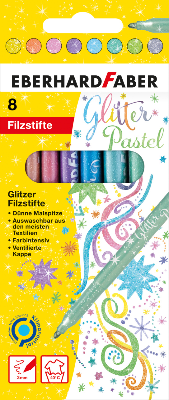 Geltona Eberhard Faber Glitter Pastel pakuotė su aštuoniais blizgiais flomasteriais ir spalvingais žvaigždžių piešiniais