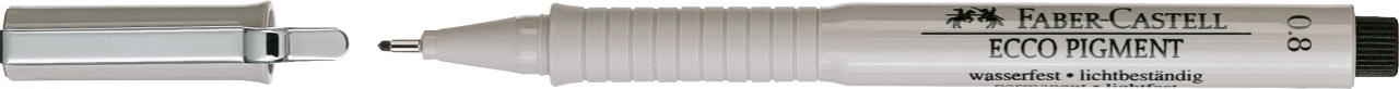 Horizontalus Faber-Castell Ecco Pigment 0,8 mm rašiklis atviru galiuku ir atskirai kairėje padėtu sidabriniu dangteliu