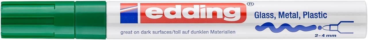 Horizontalus uždarytas žalias Edding 750 paint marker su Glass, Metal, Plastic ir 2–4 mm užrašais