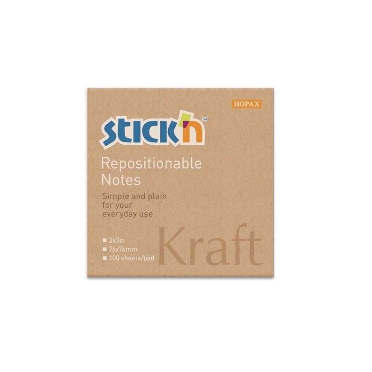 Ruda Stick'n Repositionable Notes pakuotė su HOPAX, 3 x 3 in, 76 x 76 mm, 100 sheets/pad ir Kraft užrašais