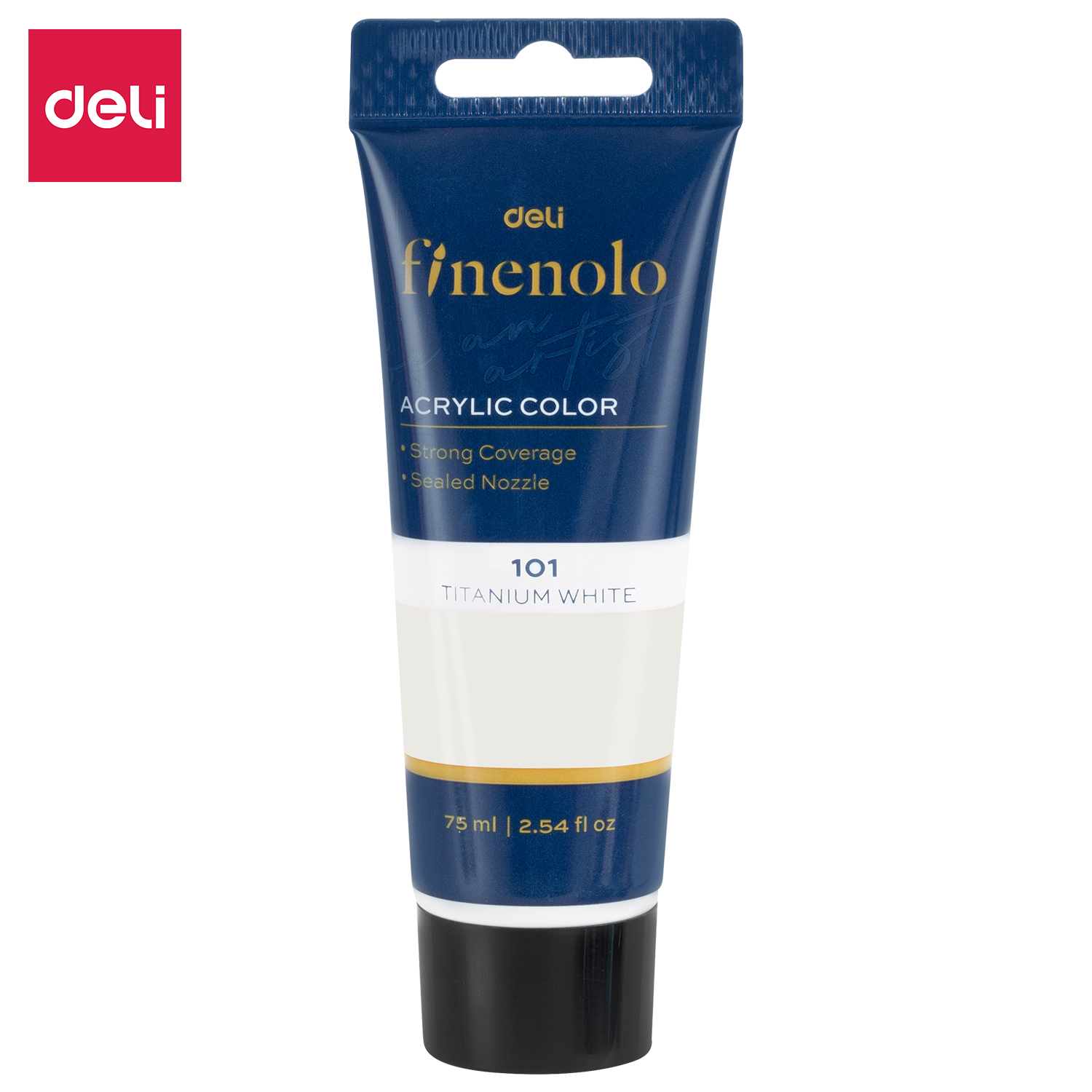 DELI Finenolo Acrylic Color balto titano dažų tūbelė su mėlyna etikete, 101 Titanium White žyma ir juodu dangteliu