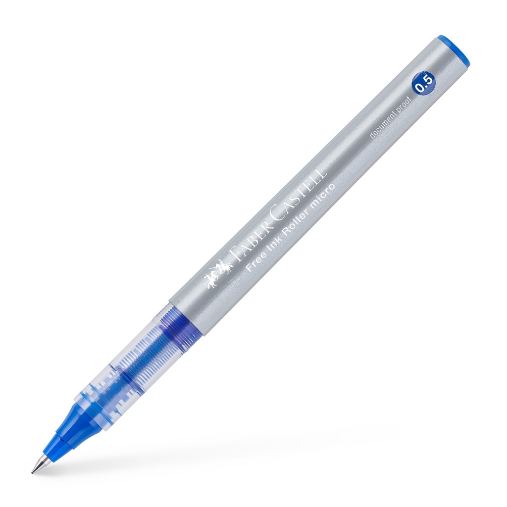 Faber-Castell Fine Ink Roller Micro rašiklis pilku korpusu, mėlyna rankena, metaliniu galiuku ir 0,5 žyma