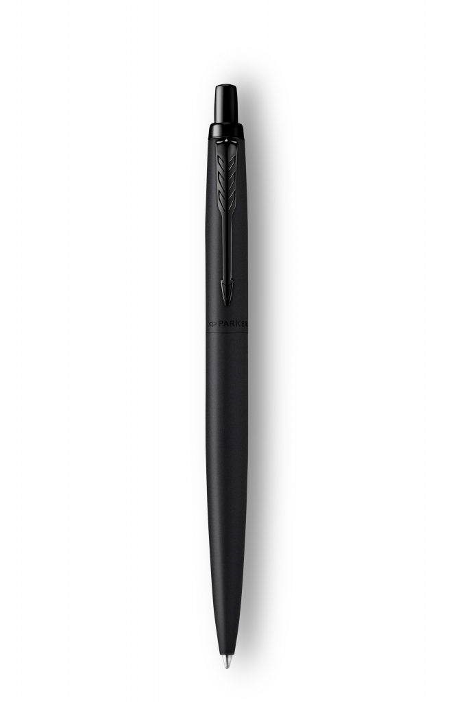 Vertikaliai parodytas visiškai juodas Parker Jotter XL tušinukas su juodu strėlės segtuku, mygtuku ir smulkiu galiuku