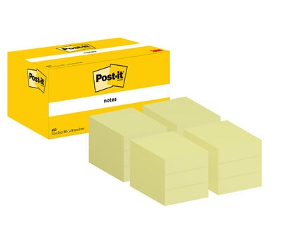 Geltona Post-it Notes dėžutė su 3M ženklu už šešių šviesiai geltonų stačiakampių lipnių lapelių blokelių