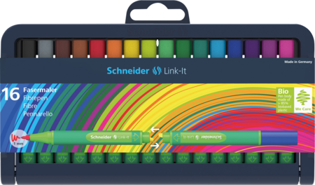 Schneider Link-It dėklas su šešiolika spalvotų rašiklių, vaivorykštinėmis linijomis ir dviejų sujungtų rašiklių piešiniu
