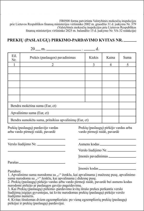 Vertikalus FR0508 prekių ir paslaugų pirkimo-pardavimo kvito blankas su lentele ir pirkėjo bei pardavėjo laukais