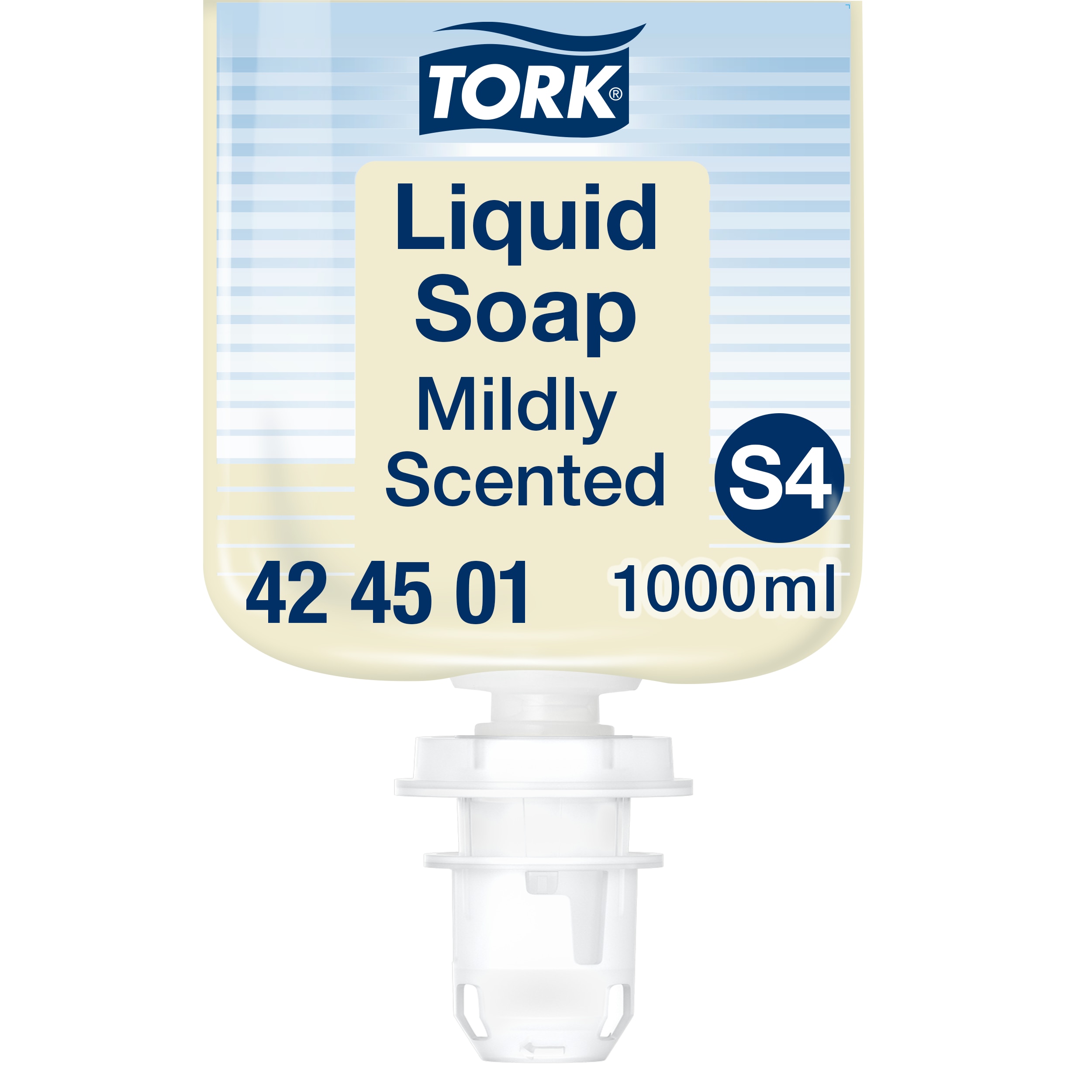 Balta Tork Mildly Scented 1000 ml kasetė su mėlynu S4 ženklu, kodu 42 45 01 ir baltu dozavimo vožtuvu