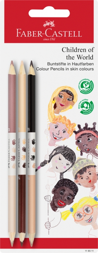 Faber-Castell Children of the World pakuotė su trimis dvispalviais odos atspalvių pieštukais ir vaikų veidais