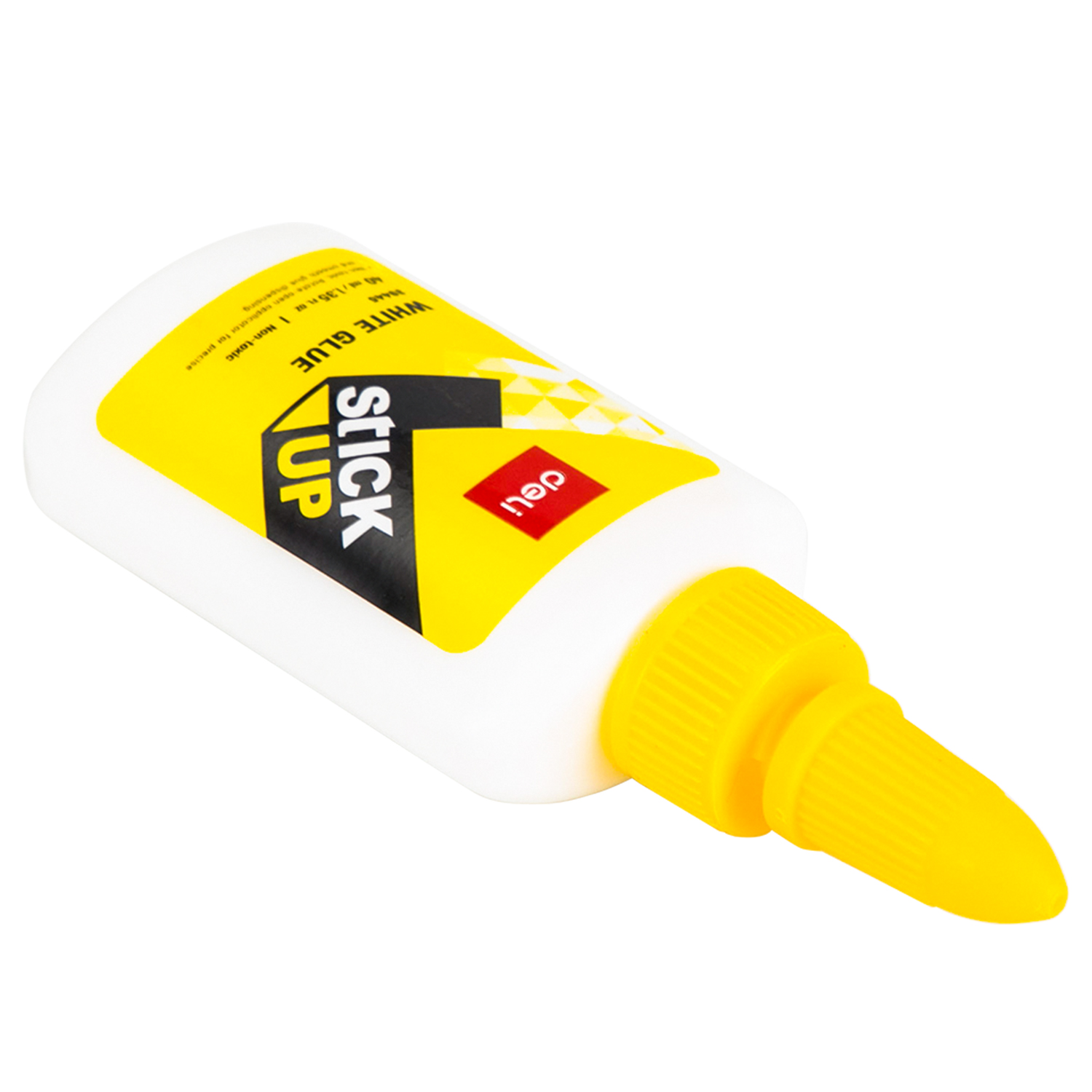 Įstrižai paguldytas baltas Deli Stick Up 40 ml klijų buteliukas, geltona etiketė ir uždarytas kūginis antgalis