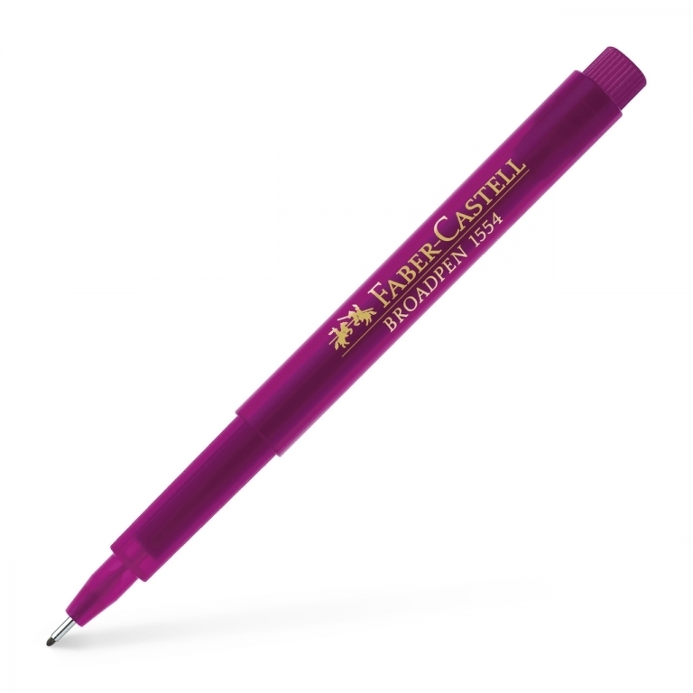 Įstrižai padėtas purpurinis Faber-Castell Broadpen 1554 su aukso užrašu, ilgu dangteliu ir matomu metaliniu galiuku