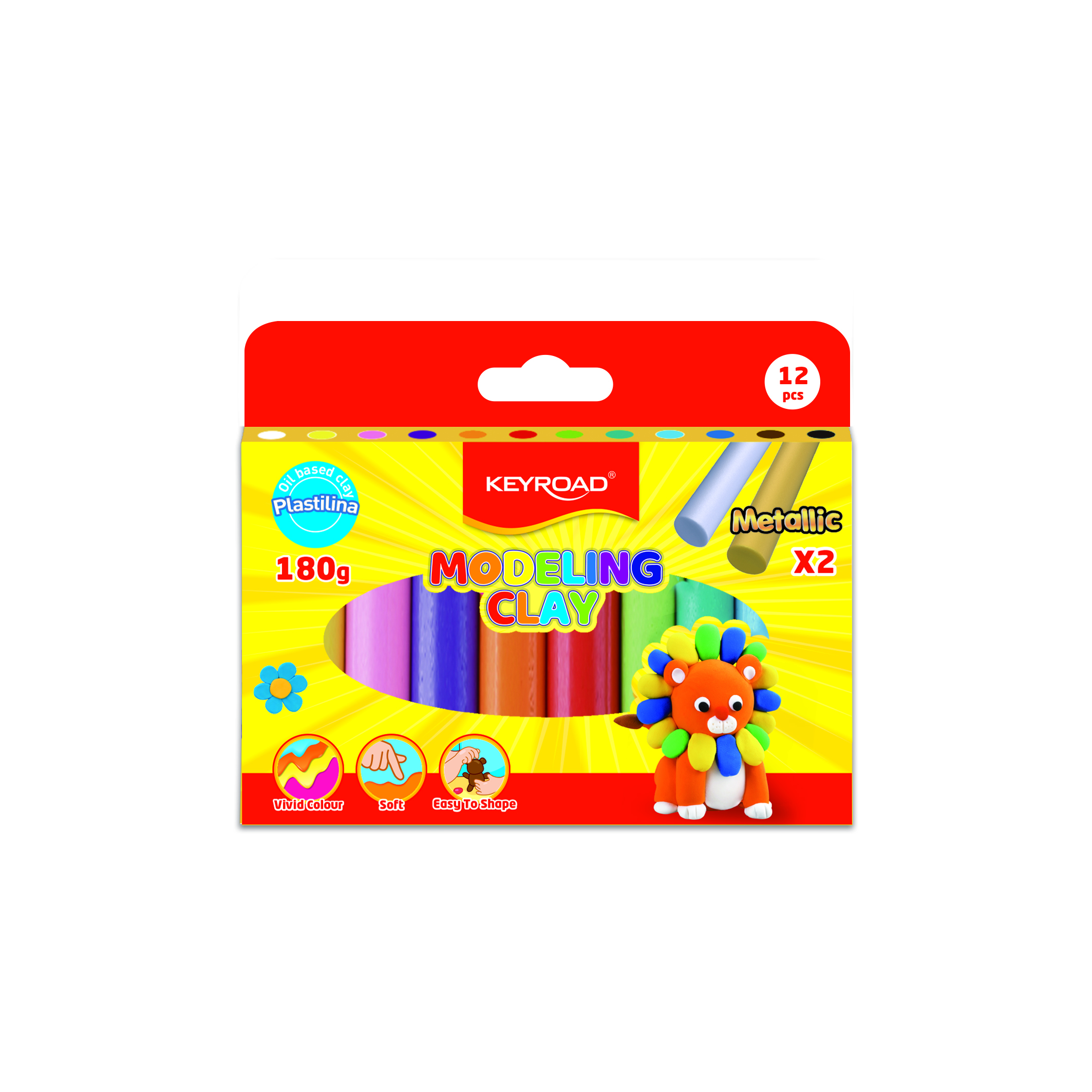 Geltona Keyroad Modeling Clay dėžutė su 12 plastilino spalvų langu, metalinėmis lazdelėmis ir liūto figūrėle