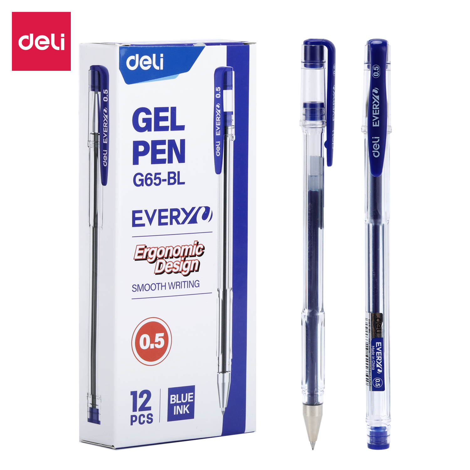 Balta ir mėlyna Deli Every Gel Pen G65-BL dėžutė su dviem skaidriais mėlynais rašikliais, 0,5 mm, 12 pcs ir Blue Ink žymomis