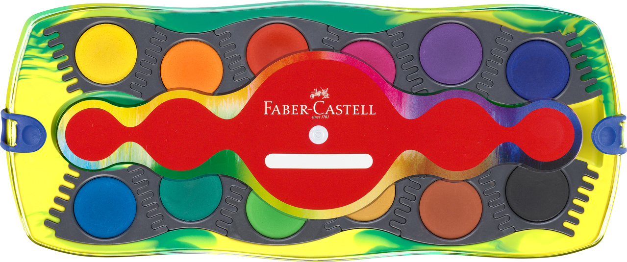 Horizontaliai atvertas geltonai žalias Faber-Castell Connector dėklas su 12 dažų skritulių ir raudona centrine palete
