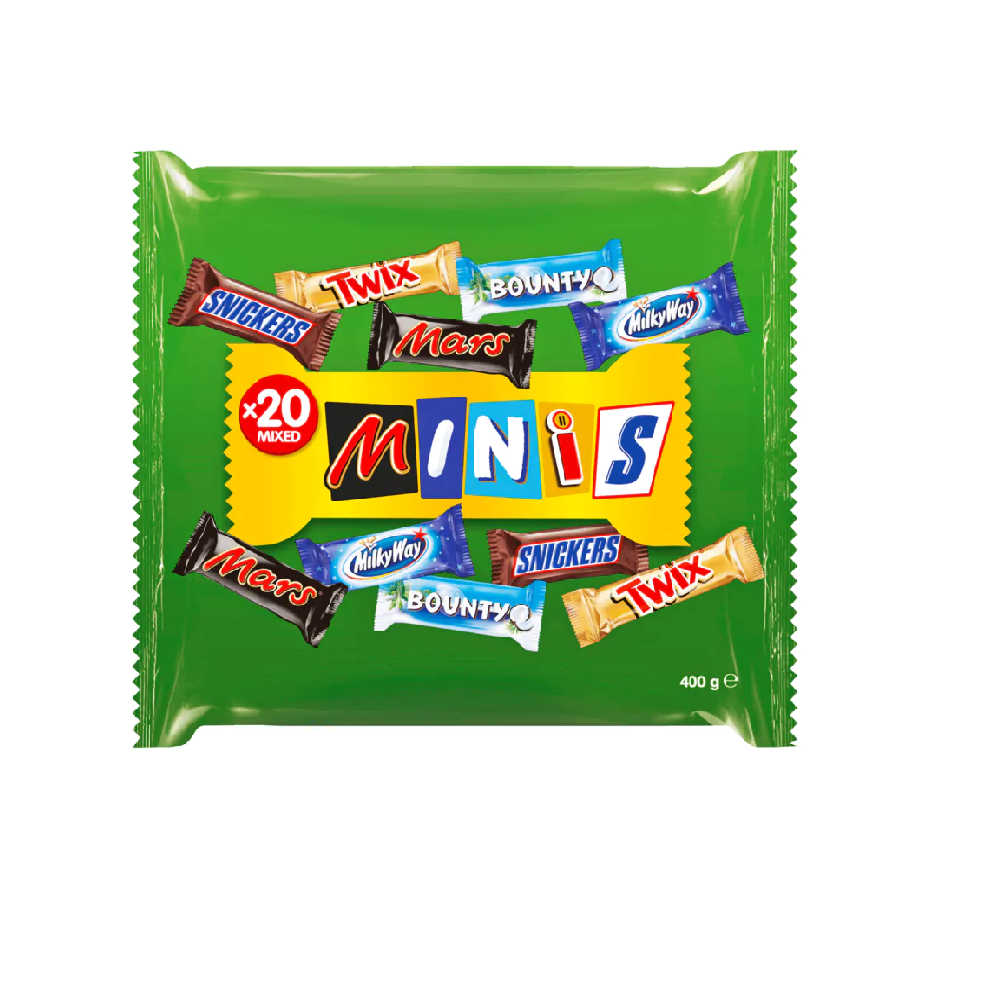 Žalia Mixed Minis pakuotė su Mars, Twix, Snickers, Bounty ir kitų mini batonėlių iliustracijomis