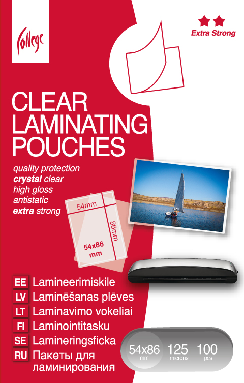 Raudona College laminavimo vokelių pakuotė su 54 × 86 mm, 125 mikronų ir 100 vnt. žymomis