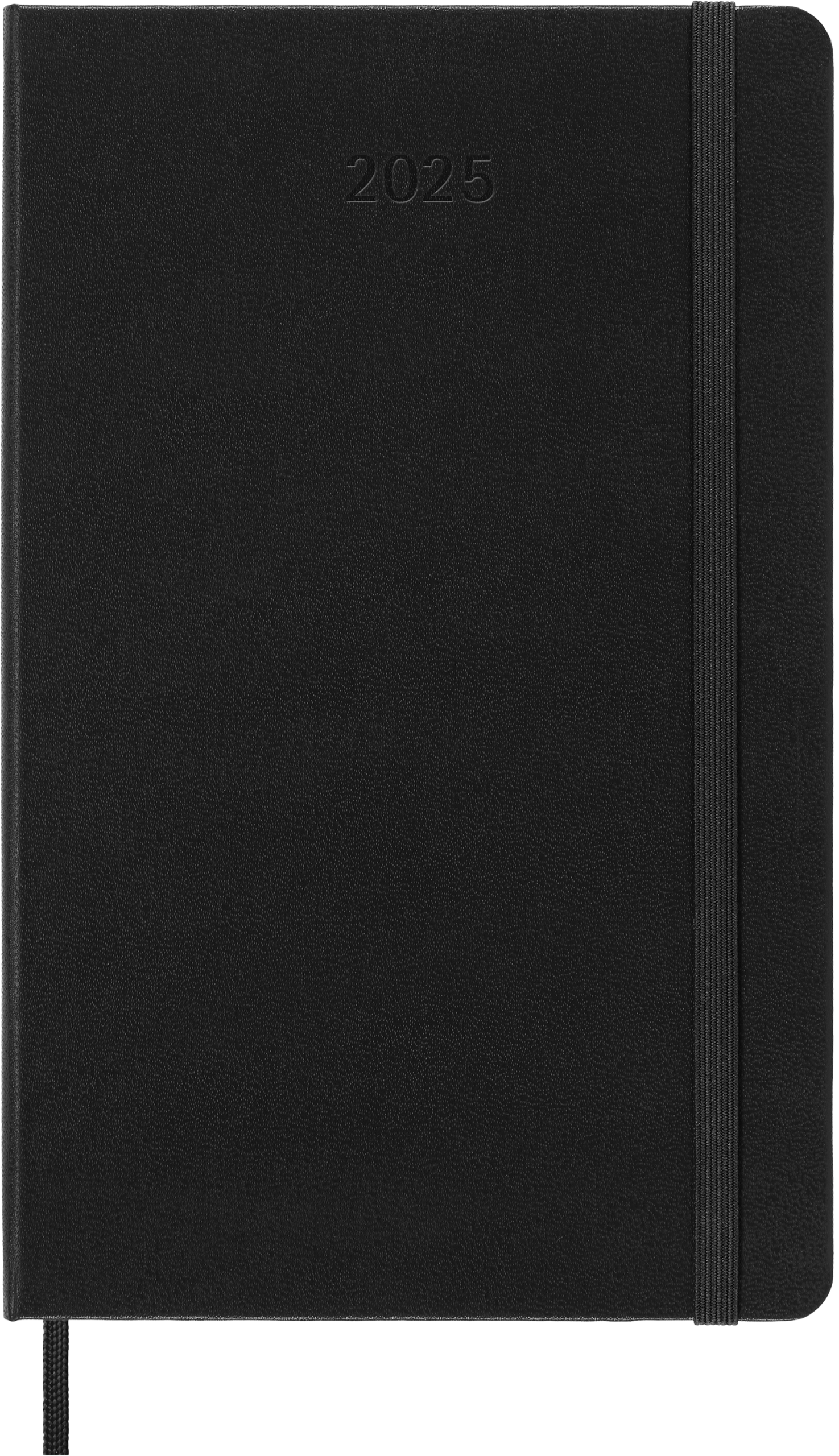 Juodas Moleskine 2025 planuoklis su įspaustais metais, vertikalia elastine juosta, užapvalintais kampais ir skirtuku