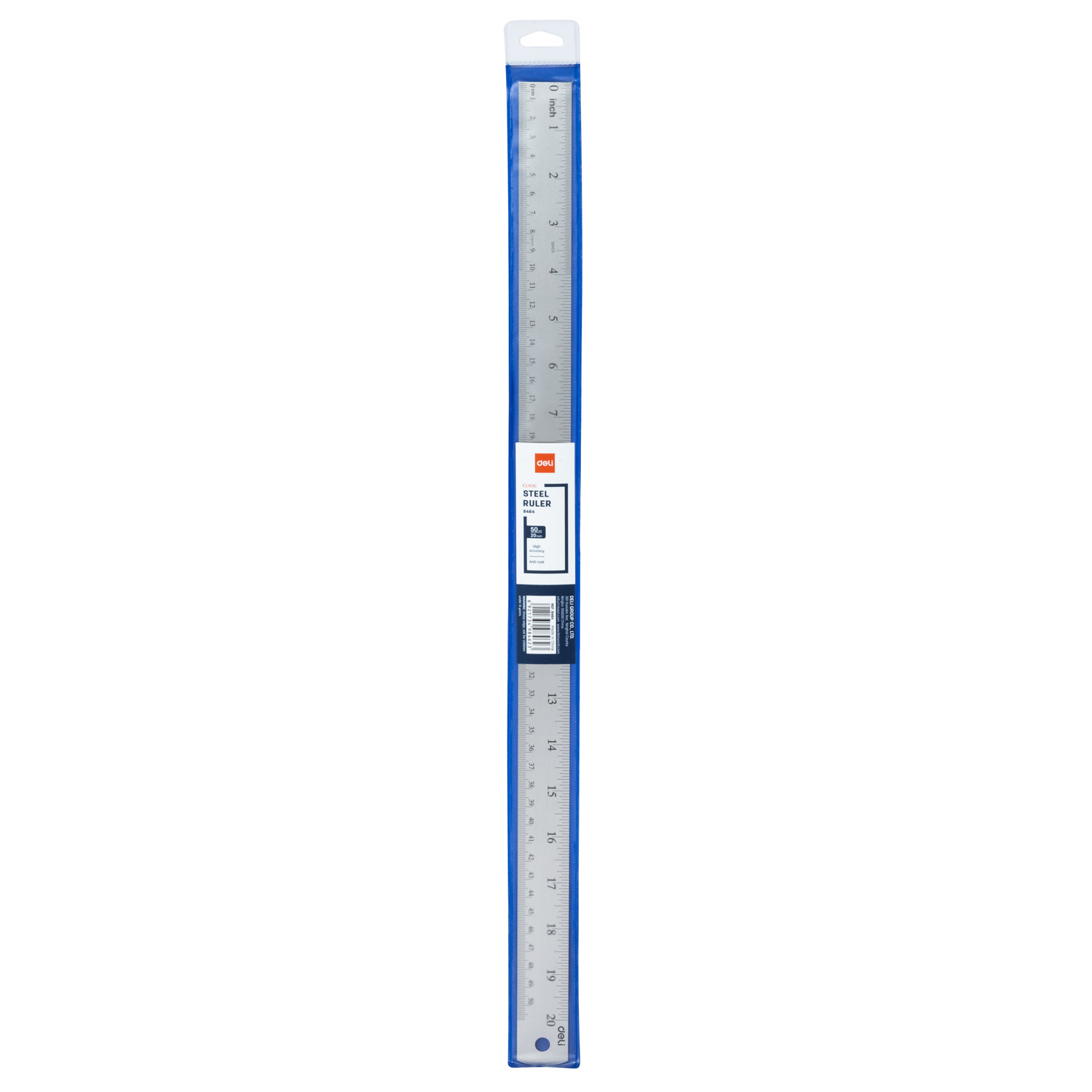 Deli metalinė liniuotė mėlyname dėkle su Steel Ruler R846, 50 cm, 20 inch, High accuracy ir Anti-rust žymomis
