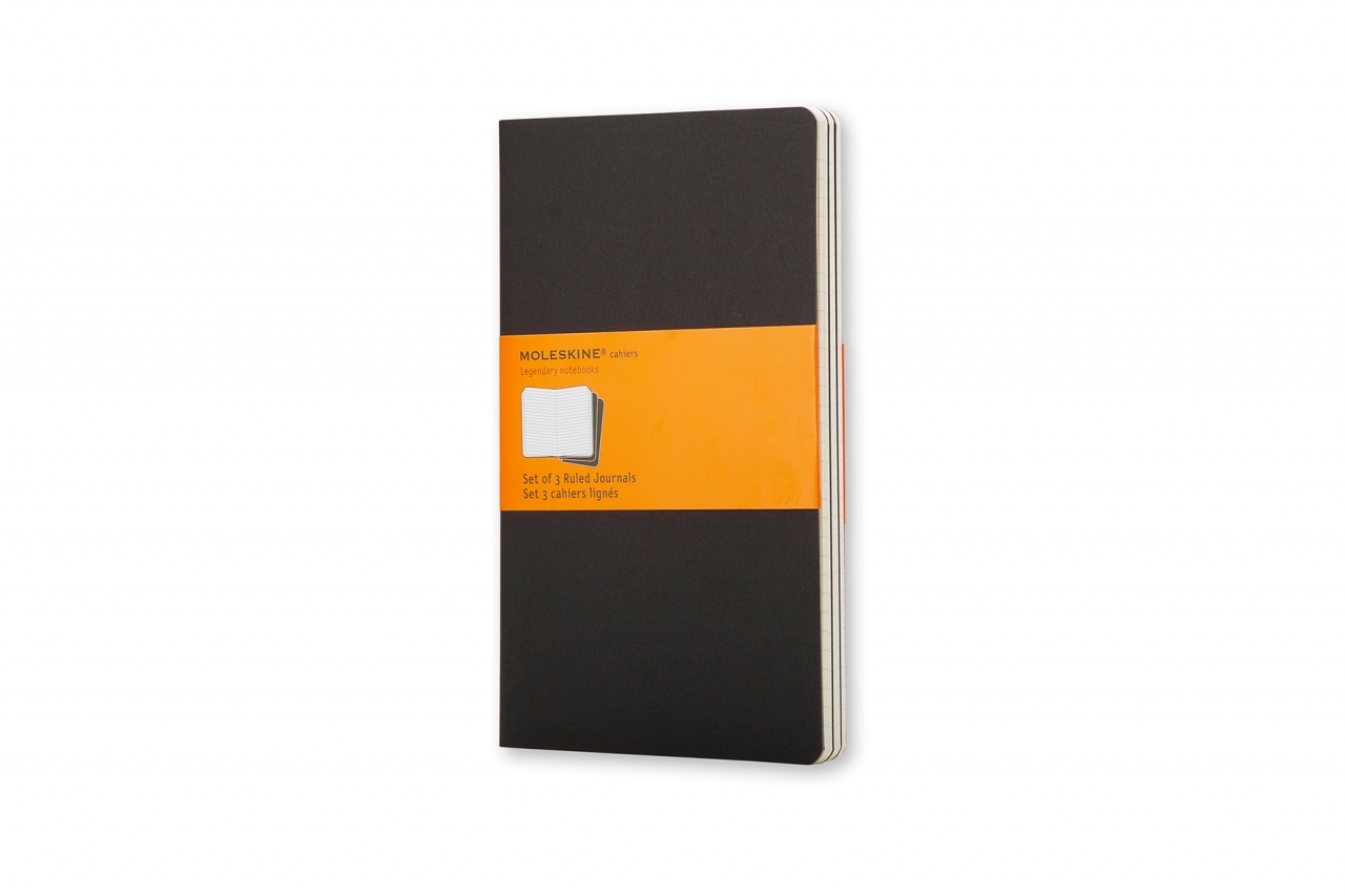 Trys plonos juodos Moleskine Cahier užrašinės su oranžine juosta, linijuotų puslapių piktograma ir minkštais viršeliais