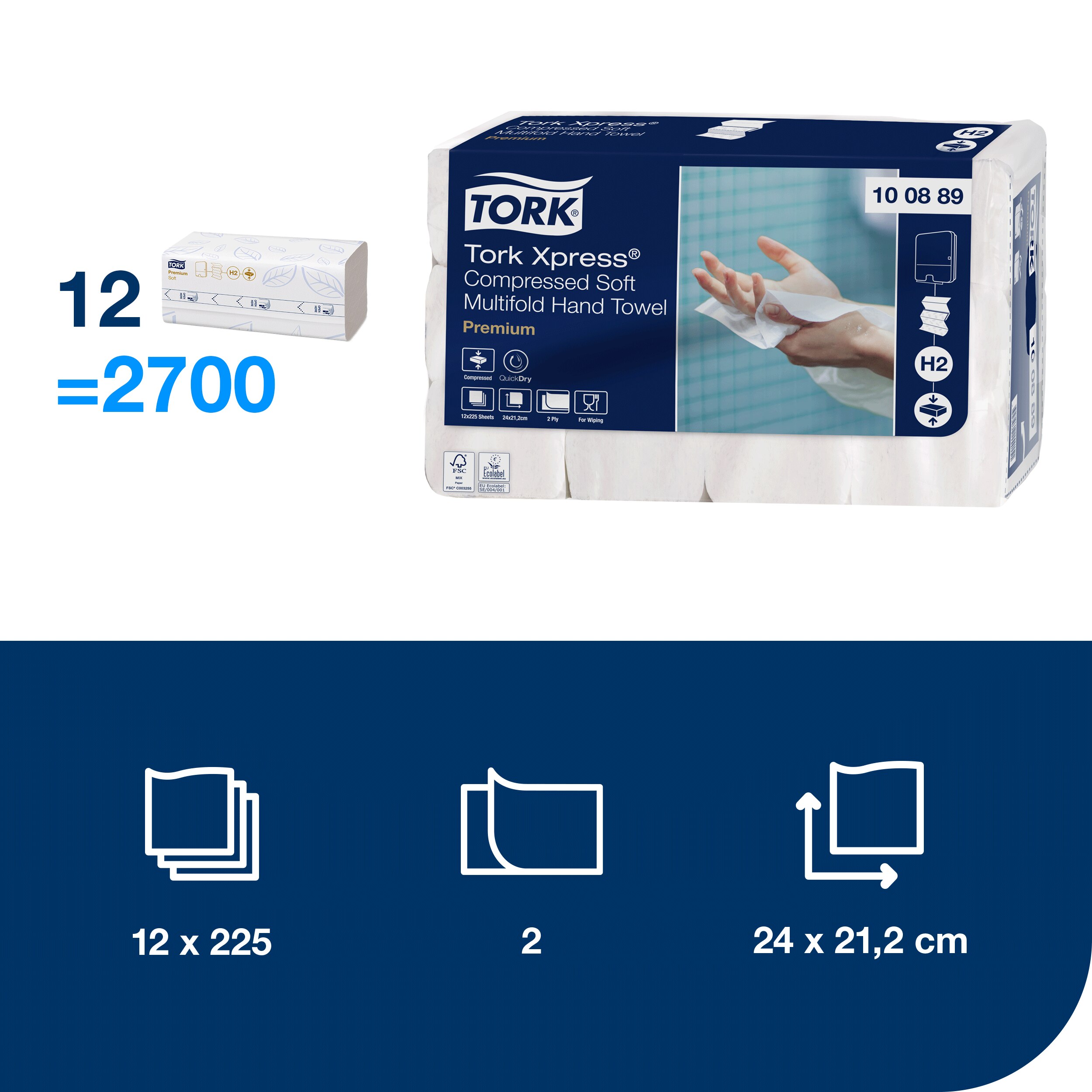 Tork Xpress H2 infografika su 12 × 225, 2700 lapelių, 2 sluoksnių, 24 × 21,2 cm, 100889 ir suspaustos pakuotės žymomis
