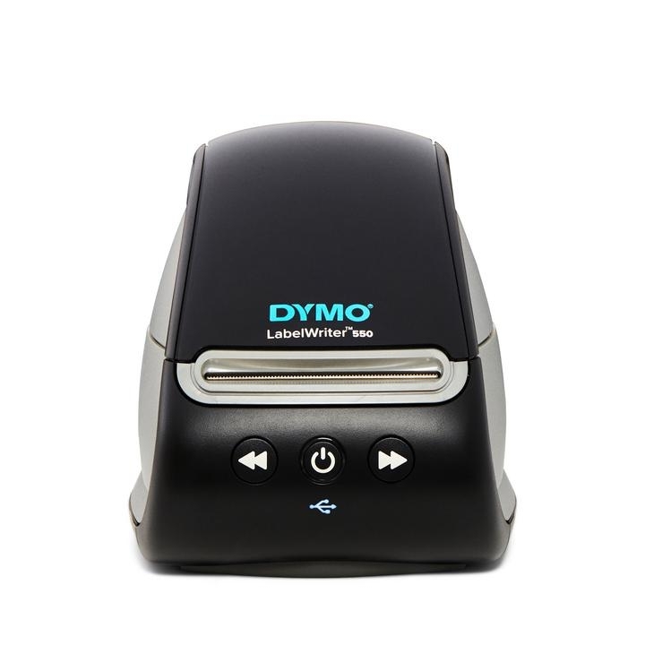 Juodas Dymo LabelWriter spausdintuvas su turkio logotipu, sidabrine anga ir trimis valdymo mygtukais